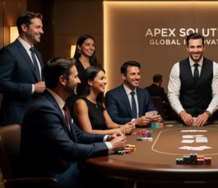 Elegancki event firmowy z profesjonalnym stołem pokerowym, zespołem przy grze i prowadzącym krupierem.