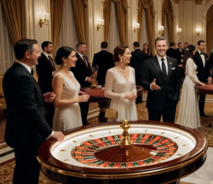 Stylowy wieczór w klimacie Las Vegas z gośćmi bawiącymi się przy stołach kasynowych
