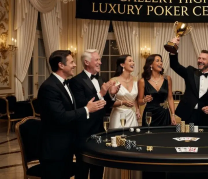 Elegancka kompozycja zdjęć z wieczorów pokerowych z gośćmi przy stołach, krupierami i klimatycznym oświetleniem.