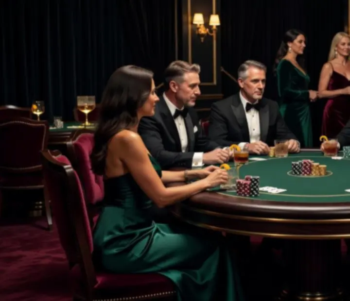 Elegancki wieczór pokerowy w stylowych, nastrojowych wnętrzach z profesjonalnym stołem i gośćmi w wieczorowych stylizacjach.