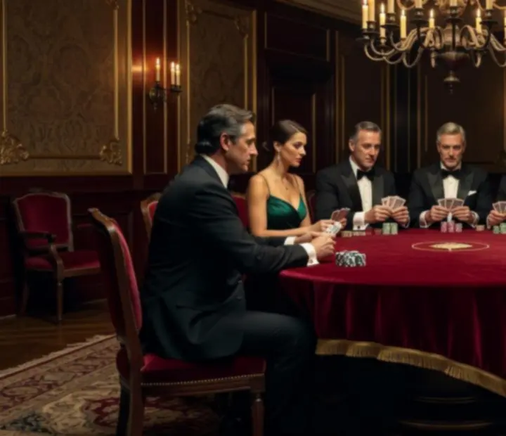 Nastrojowa sala pokerowa z podświetlonym stołem, elegancką zastawą barową i klimatycznym oświetleniem.