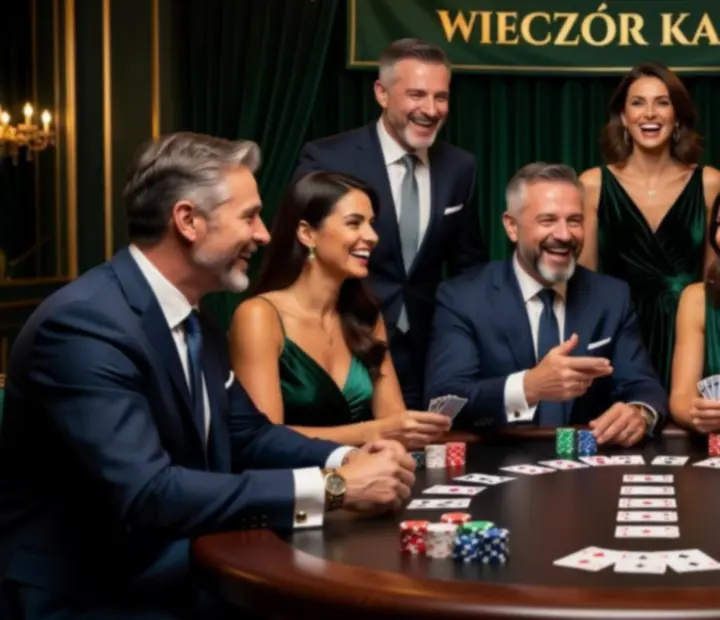 Uczestnicy wieczoru firmowego bawiący się przy eleganckich stołach